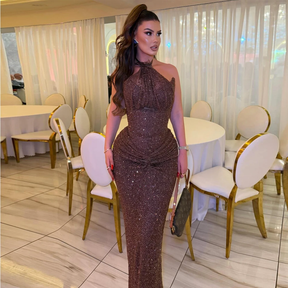 Customized Glitter Sequin Wedding Guest Prom Dress Halter Fitted Special Occasion Gown Sheath Long Cocktail Dresses