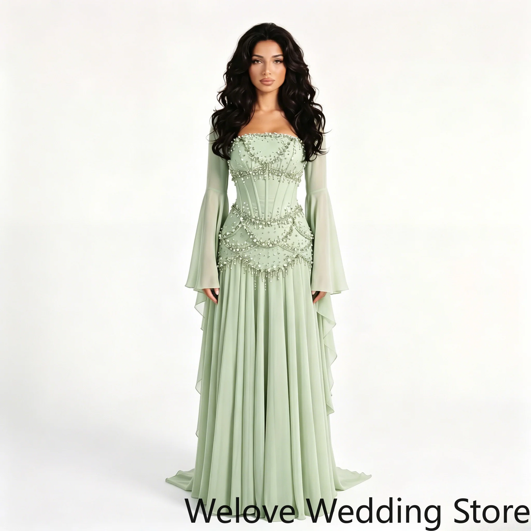 Customized Fairycore Sage Chiffon Floor Length Gown Featuring Straight Strapless Neck, Structured Vertical Bone Corset Torso