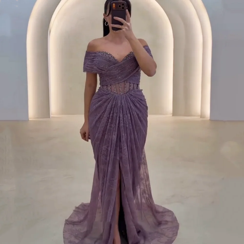 Customized Charming Off-the-shoulder Pleat Prom Dresses Evening Dress for Banquet Lace Party Gown High Quality Elegant