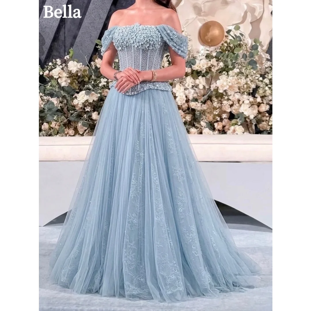 Bella Customized Lace Embroidery Floor-Length Prom Dress 3D Flower vestidos de noche Short Sleeve Crystal Evening Dresses 2026