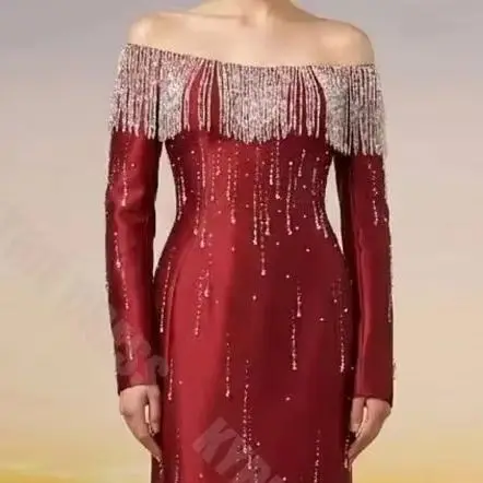 Customized Formal Evening Dresses Off The Shoulder Full Sleeves Beading Women Wedding Guest Dresses Floor Length Prom Party Gown