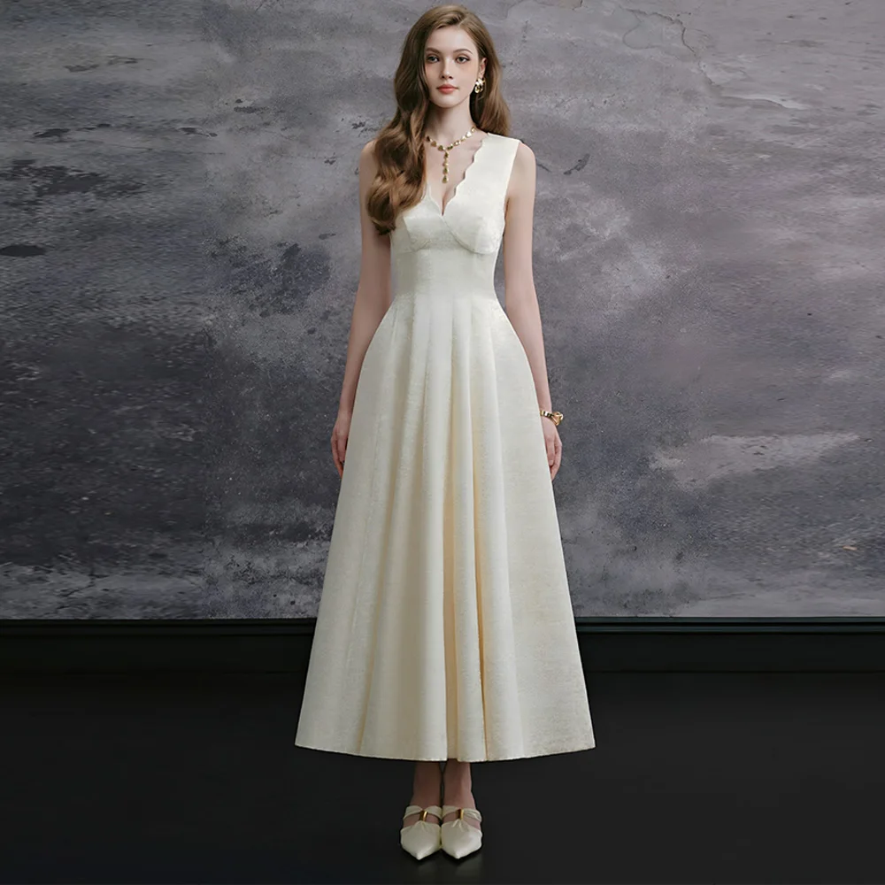 Customized V-Neck Sleeveless Evening Dress Delicate A-Line Bow Prom Gowns Elegant Backless Ankle Length Party Dress