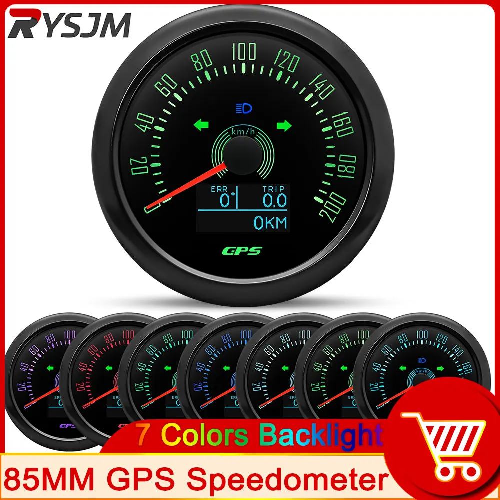 Car Truck Marine 85mm Multifunctional 200km/h GPS Speedometer with GPS Antenna 7 Colors Backlight 12V 24V Waterproof Meter