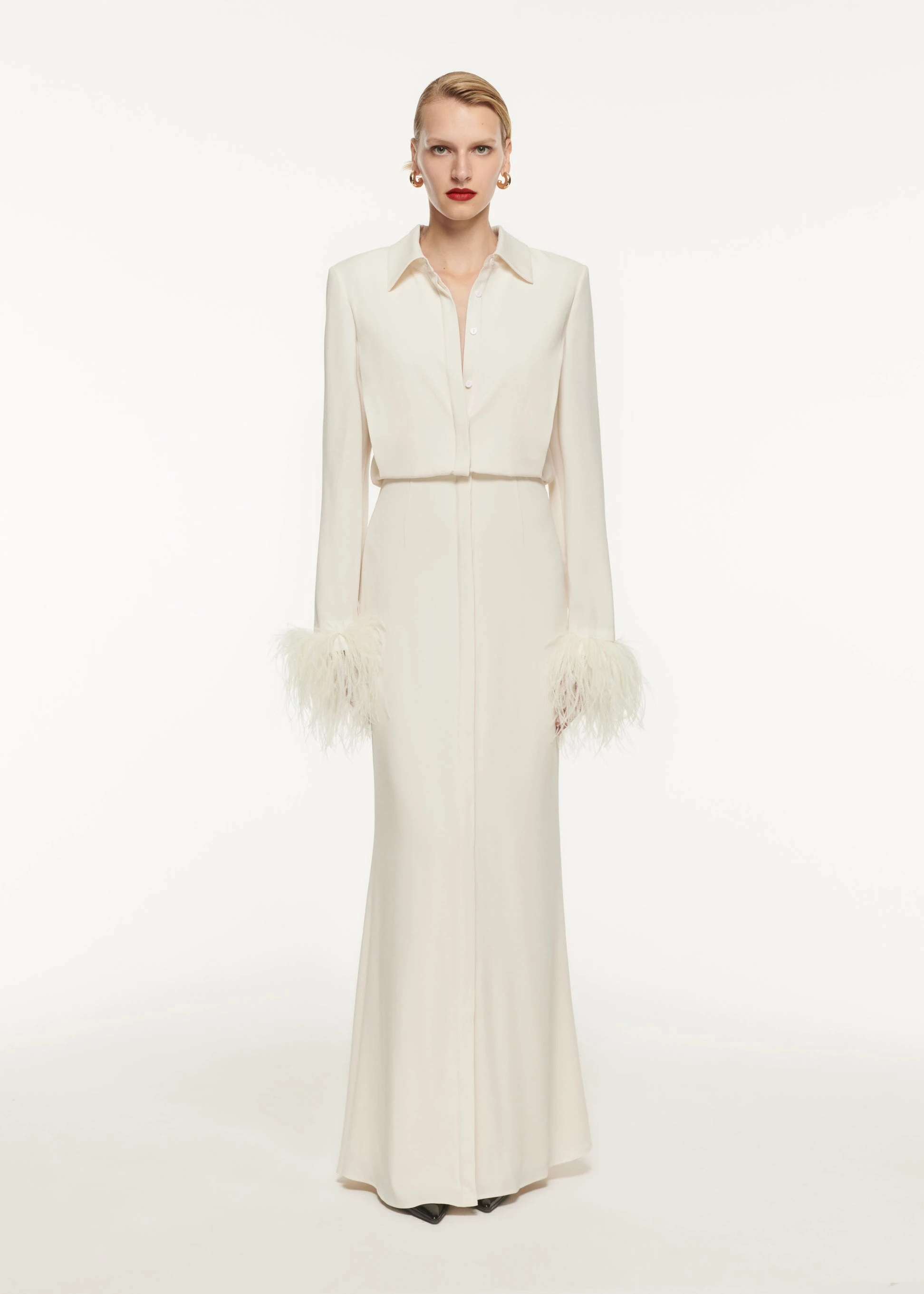 CustomizedHigh Quality Jersey Mermaid Feathers and Buttons Evening Dress V-Neck Long Sleeves Floor Length Sweep Train White فسات