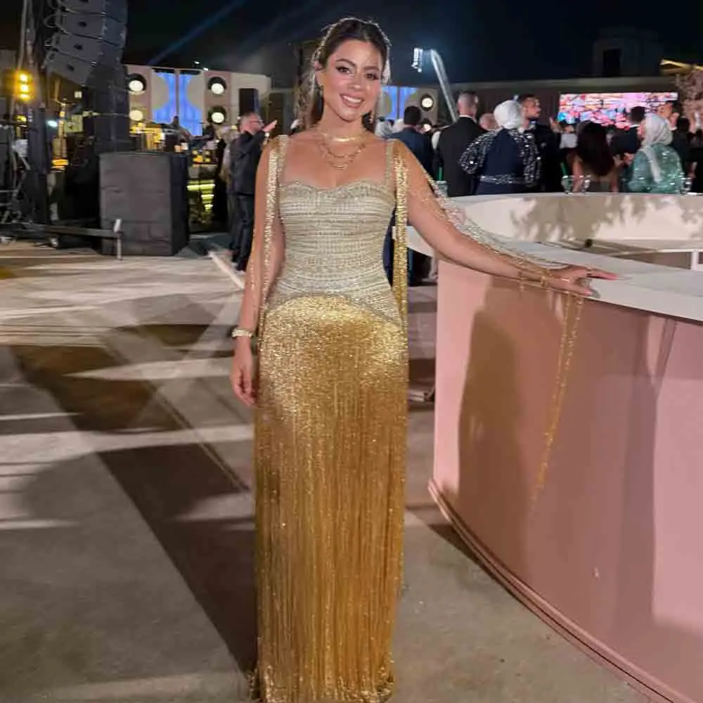 Customized Luxury Gold Beaded Tassel Evening Dress 2026 Spaghetti Strap Formal Party Gown Fringe Special Occasion Dresses