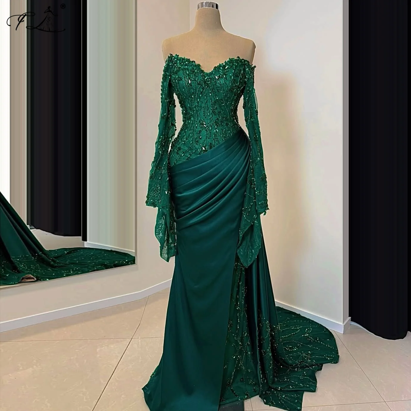 Luxurious Green Crystal Evening Dress Elegant Off-Shoulder Mermaid Dress Sequin Prom Cocktail Dresses Customizable TJ Robe Verte