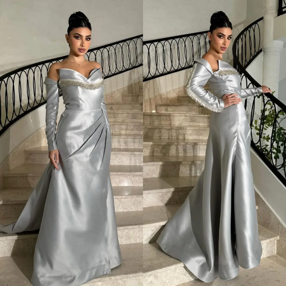 Customized High Quality Three Quarter Floor Length Zipper Beaded V-neck Wrinkle Evening Dress Vestidos Para Casamento Convidados