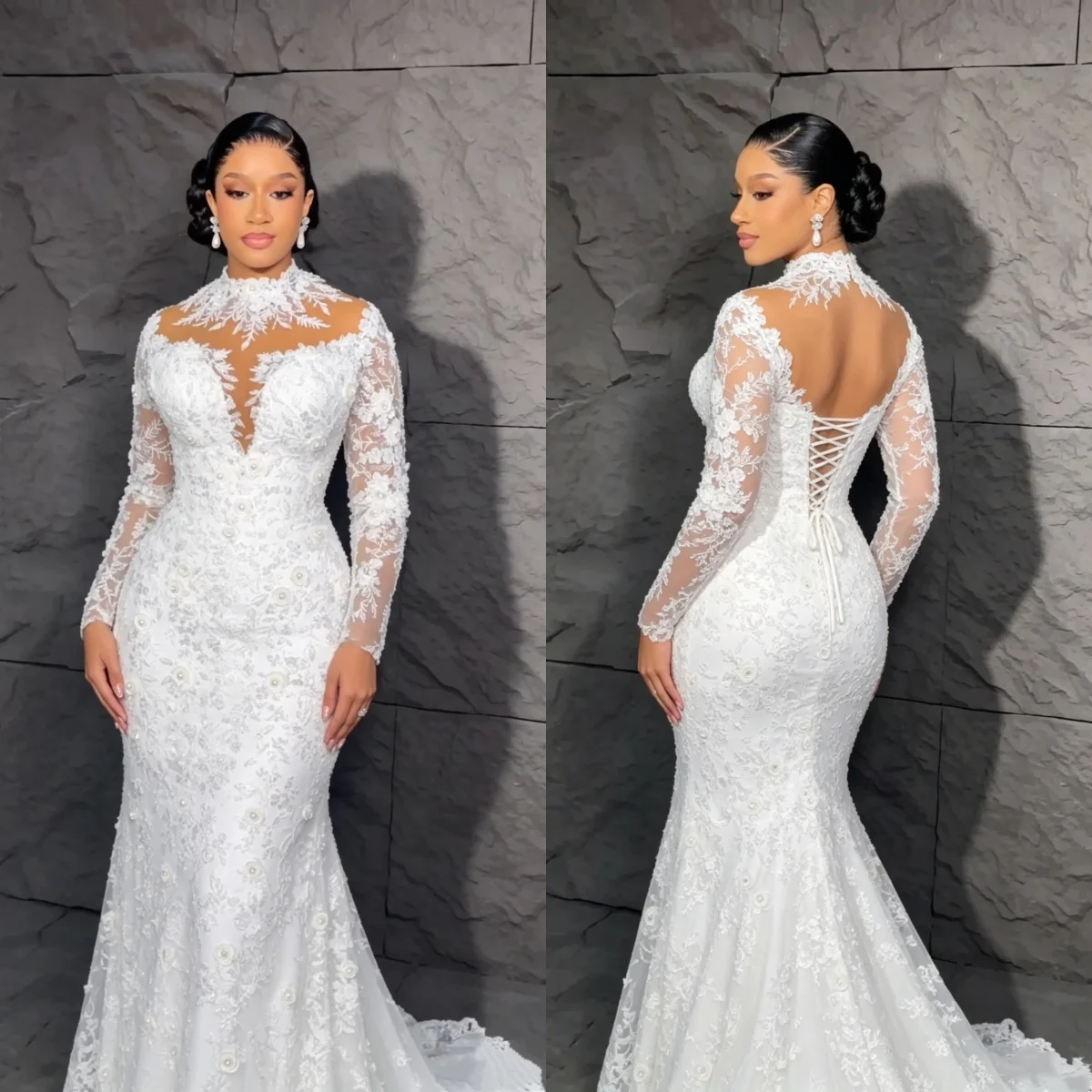 Custom High Neck Lace Mermaid Wedding Dress Long Sleeve Backless Corset Bridal Gown with 3D Floral Applique Vestido De Novia