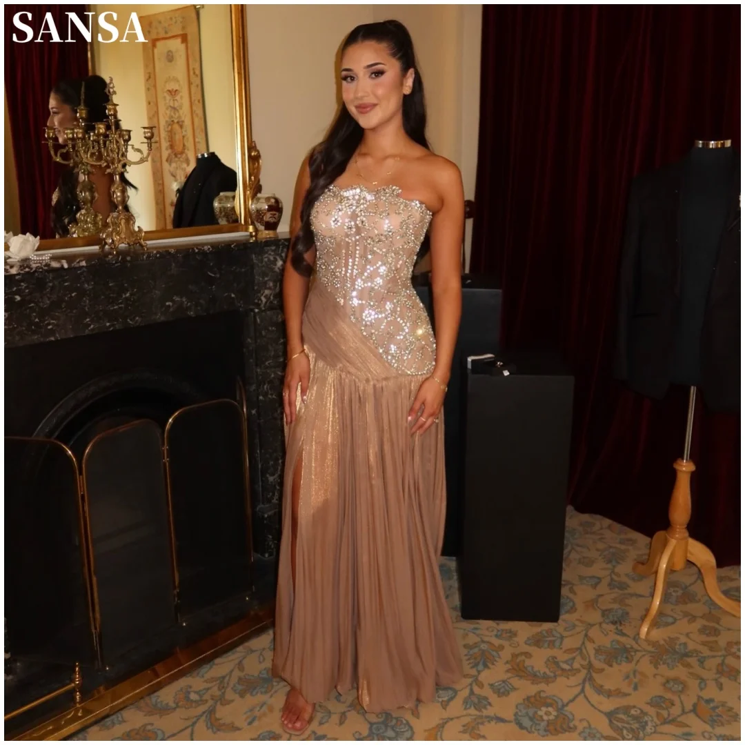 Sansa Customized Nude rom Dresses Asymmetric Rhinestone Mesh Bodice Pleated High Slit Maxi vestidos de noche Wedding Party 2026