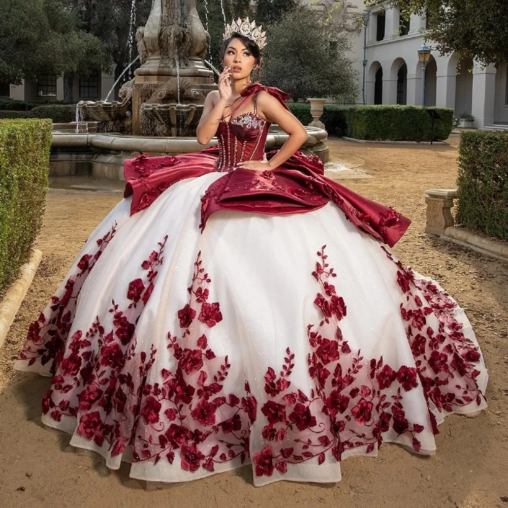 Burgundy Quinceanera Dresses Ball Gown Sweetheart Floral Beaded Sweet 16 Dresses 15 Años Mexican Customized