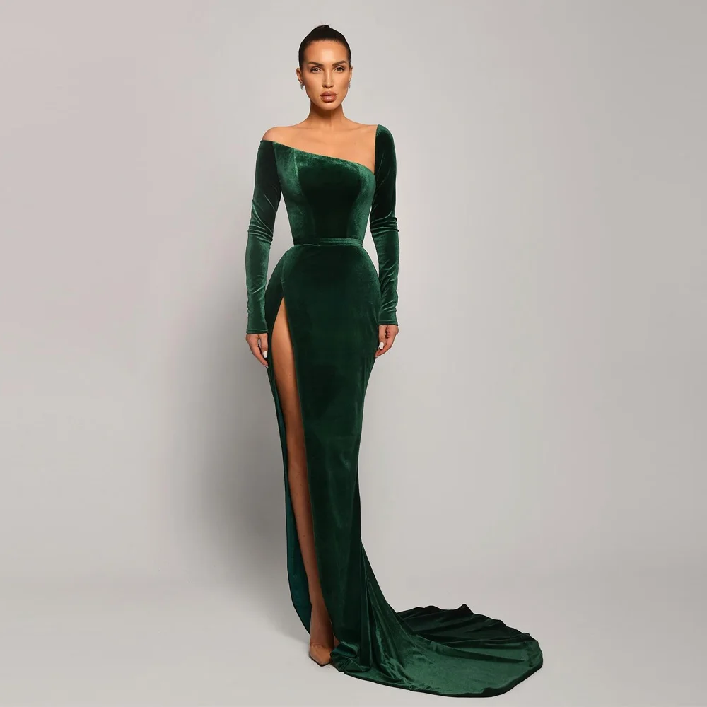 Customized Modest Green Velvet Evening Dress Cap Sleeve with High Split Birthday Gown Asymmetrical Neckline Mermaid Dresses