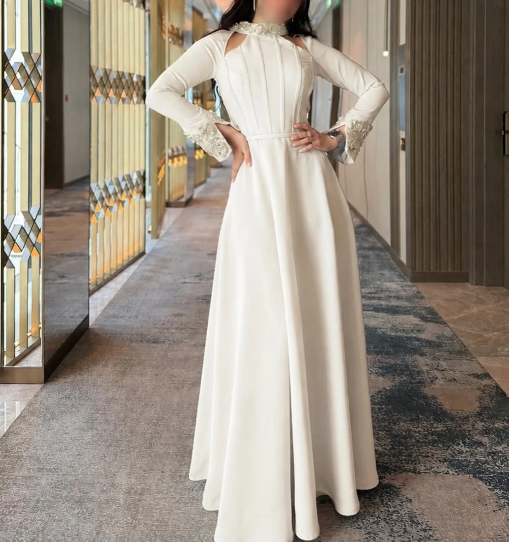 Customized Formal Long Sleeves Evening Dress for Women Glitter High Collar A-line Long Dresses Elegant Prom Wedding Party Dress