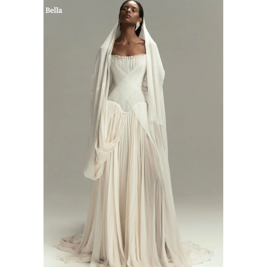Bella Customized White Shawl Two-Piece Set robes de soirée Chiffon Party Dresses Floor-Length A-line Backless Prom Dress 2025