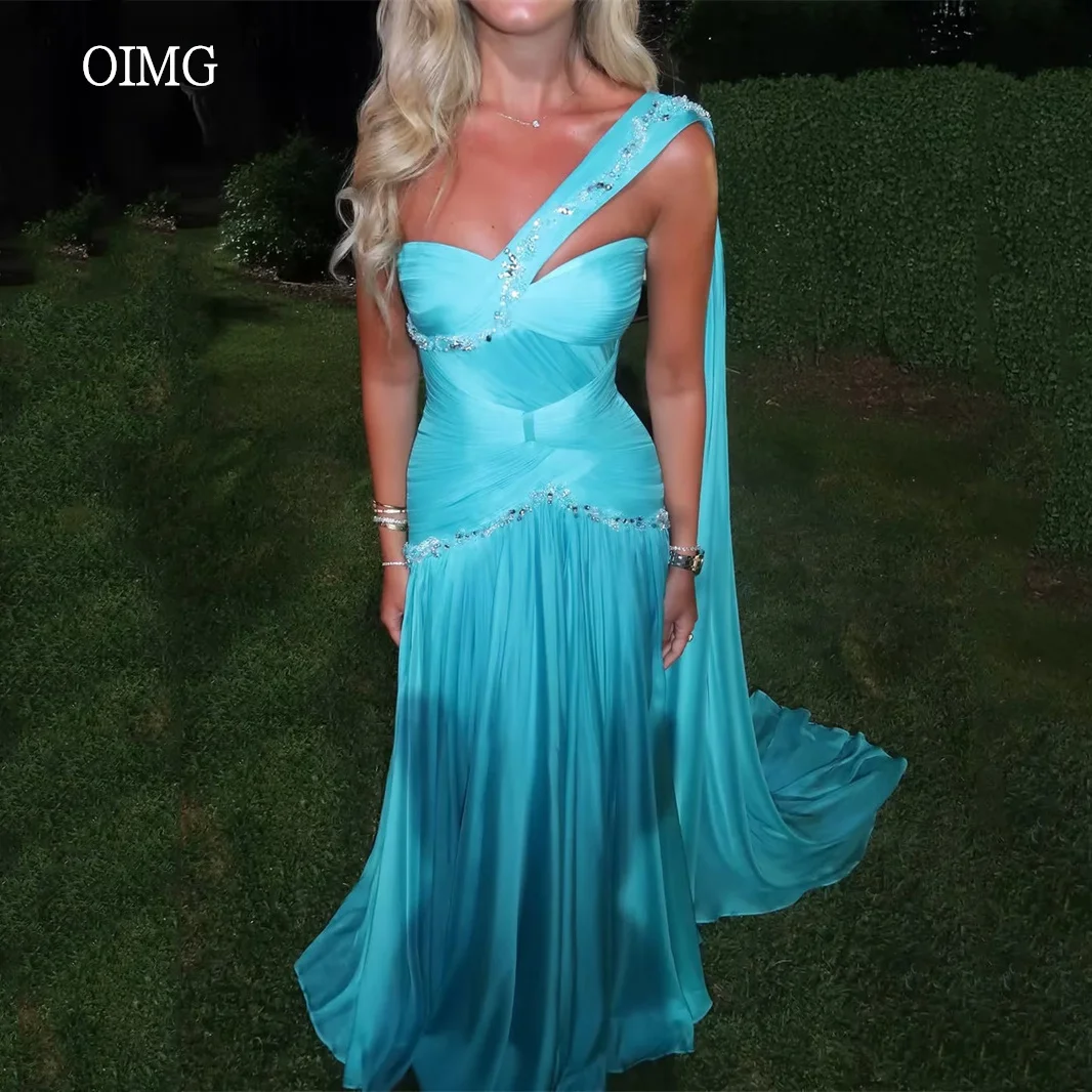 OIMG Peacock Blue Mermaid Prom Gowns Beaded Sweetheart Neck Long Trailing Sash Party Gown Floor Length Evening Dress Customized
