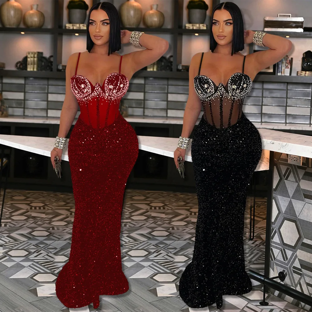 Long Dress Women Sexy Party Dresses Sling Bodycon Vestidos Streetwear Club Sequin Hot Drilling Elegant High Waist Y2k Evening