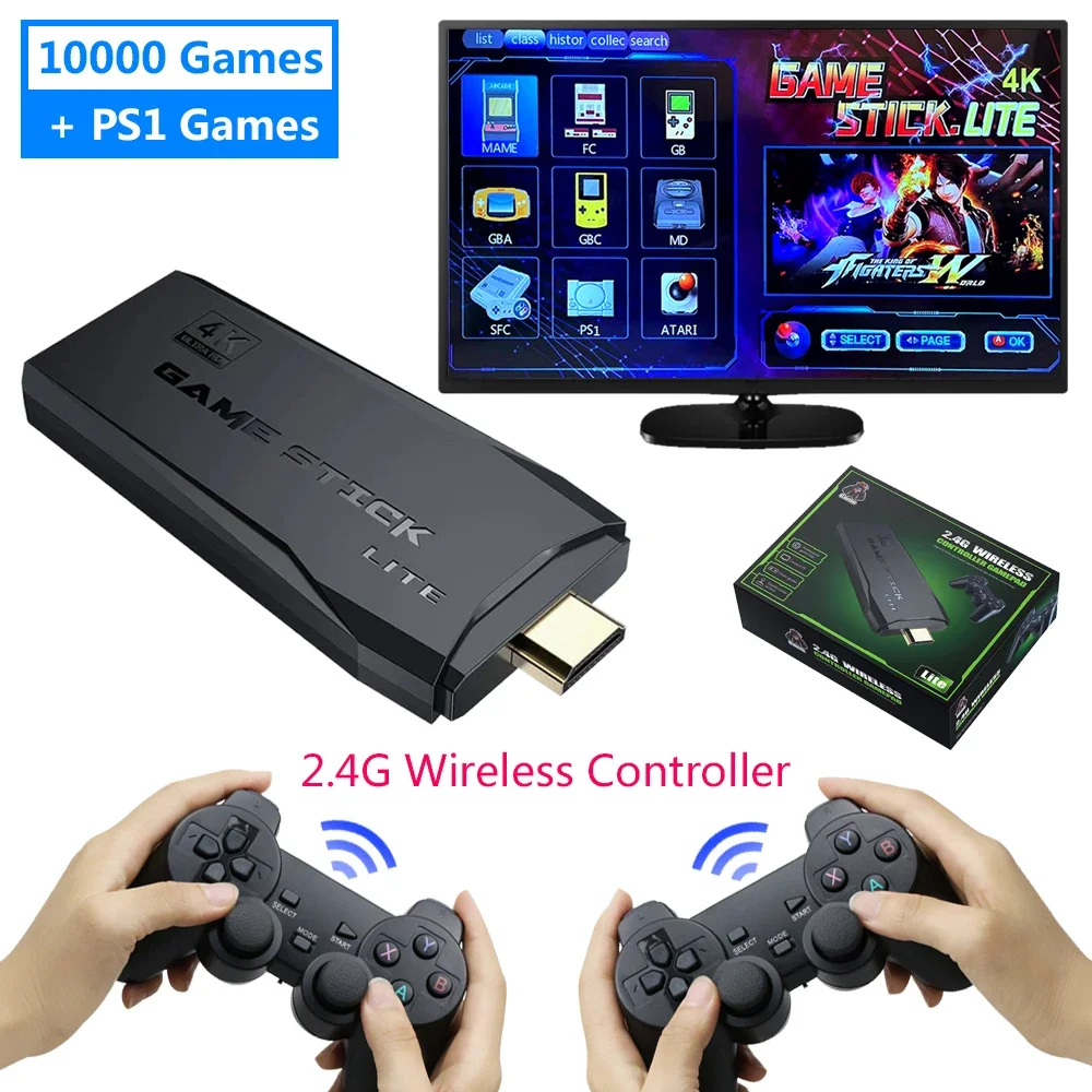 Video Game Console 32G/64G Built-in 20000+ Games 4K HD TV Retro Game Box Wireless Controller Game Stick PS1/GBA Children's Gift