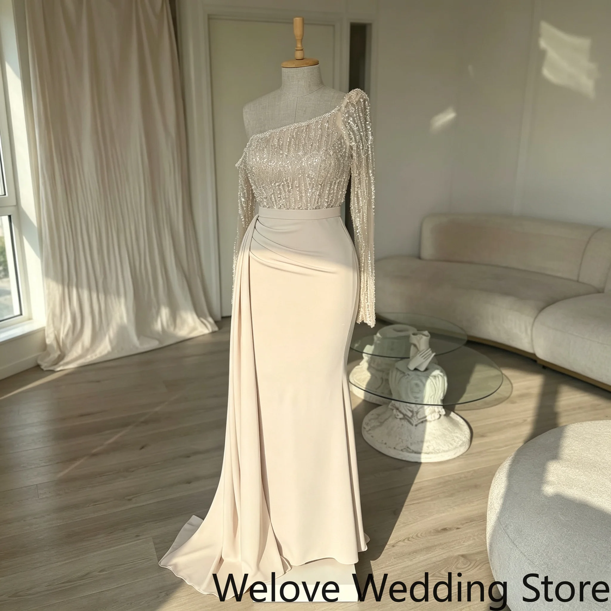 Customized Elegant Mermaid Evening Gown Featuring Asymmetrical One Shoulder Design, Full Length Shimmer Sequin Sleeve & Bodice