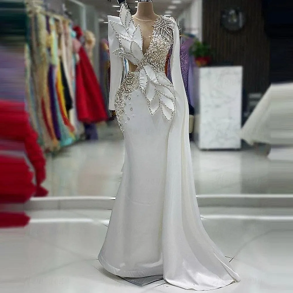 Major Beads Mermaid Prom Dress Satin Long Evening Gown with Sheer Scoop Neck Longer Sleeves for Special Occasions Customized