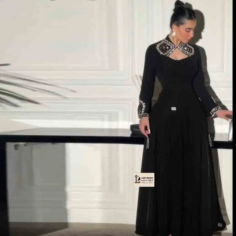 Customized Luxurious Evening Dresses for Saudi Dubai Women Pleat Sequined Pattern A-line Wedding Party Gown Black فستان دانتيل