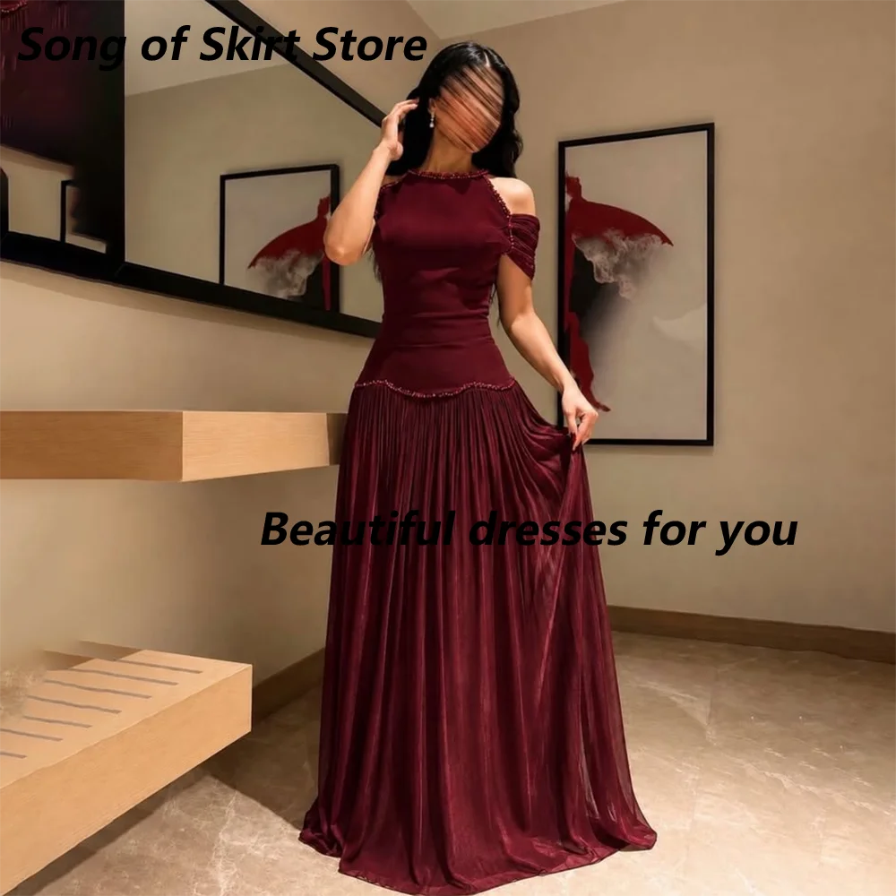 Burgundy Evening Dress Customized High Neck Ruched Beaded A Line Floor Length Formal Gown Elegant Wedding Guest Prom Dress