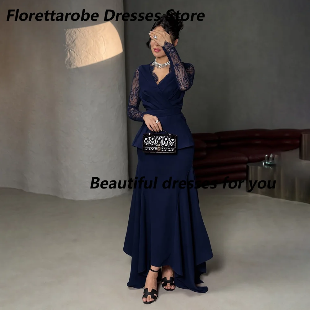 Navy Blue Lace Sleeve Evening Dress V-Neck Formal Gown Asymmetric High Low Skirt Elegant Wedding Guest Prom Dress Customized