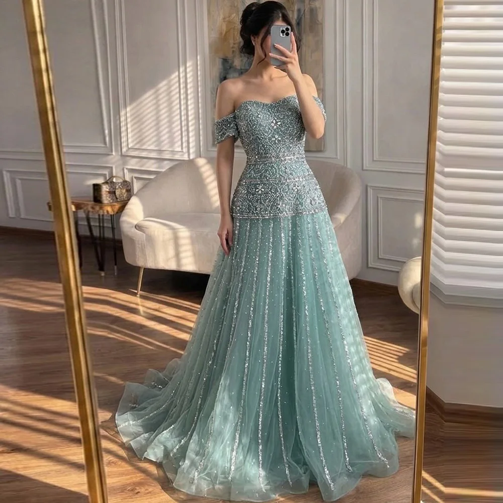 High Quality Organza A-Line Vestido De Festa Customized Sequined and Crystal Evening Dress Strapless Off the Shoulder Party Dres