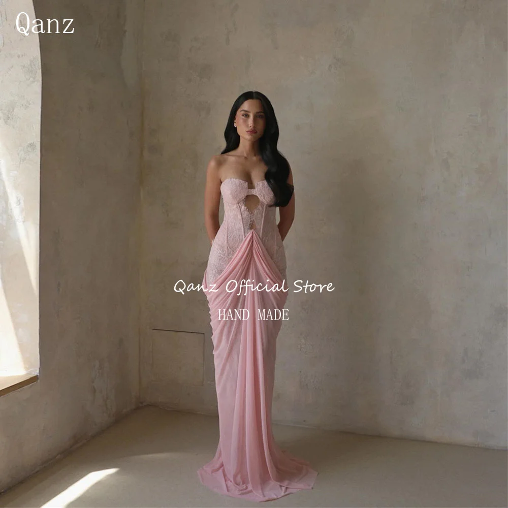 Qanz Luxury Lace Evening Dresses Mermaid Pink Chiffon Backless Women's Wedding Party Attire Vestidos De Fiesta Customized
