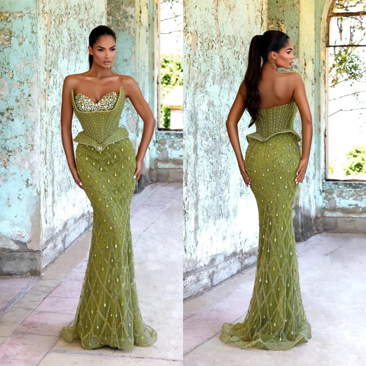 Glamorous Evening Dresses Strapless Beaded Mermaid Prom Dress Crystal Backless Slim Fit Customized Party Gown Vestidos De Noche