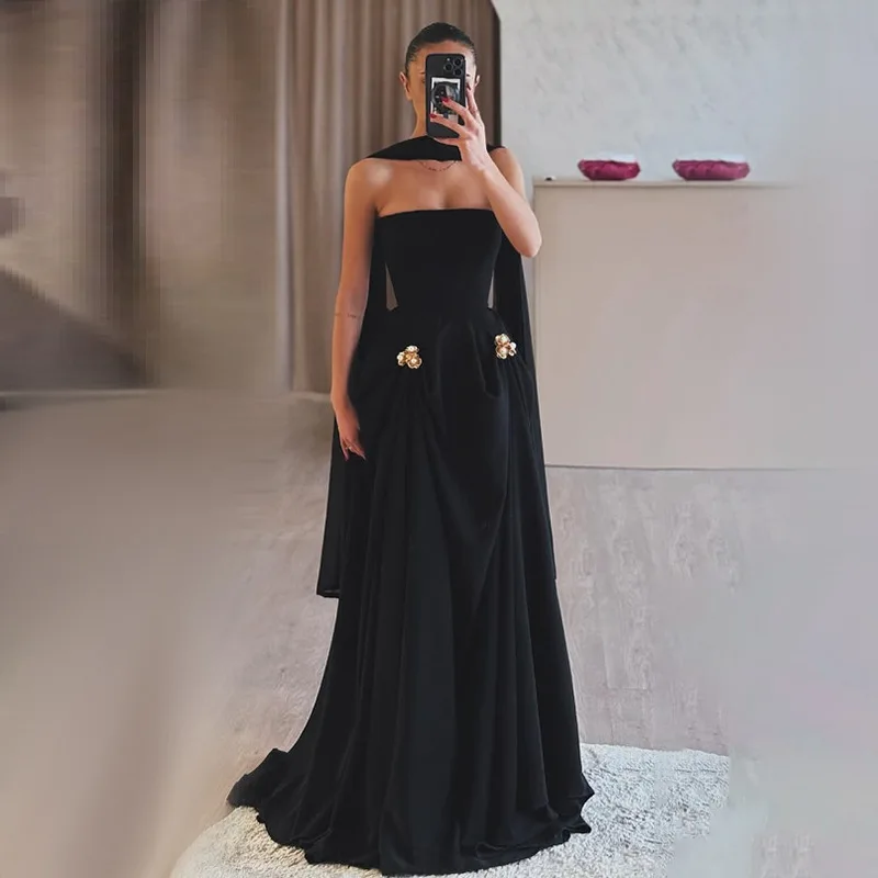 Fashionable Pearl Flower Decorated Chiffon Strapless Black Prom Dresses Exquisite High Quality Evening Party Gowns Customized