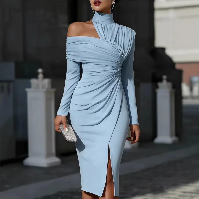Elegant Party Prom Women's Midi Dress Fashion Solid Color Temperament High Waist Dresses Lady Sexy Off Shoulder Design Vestidos