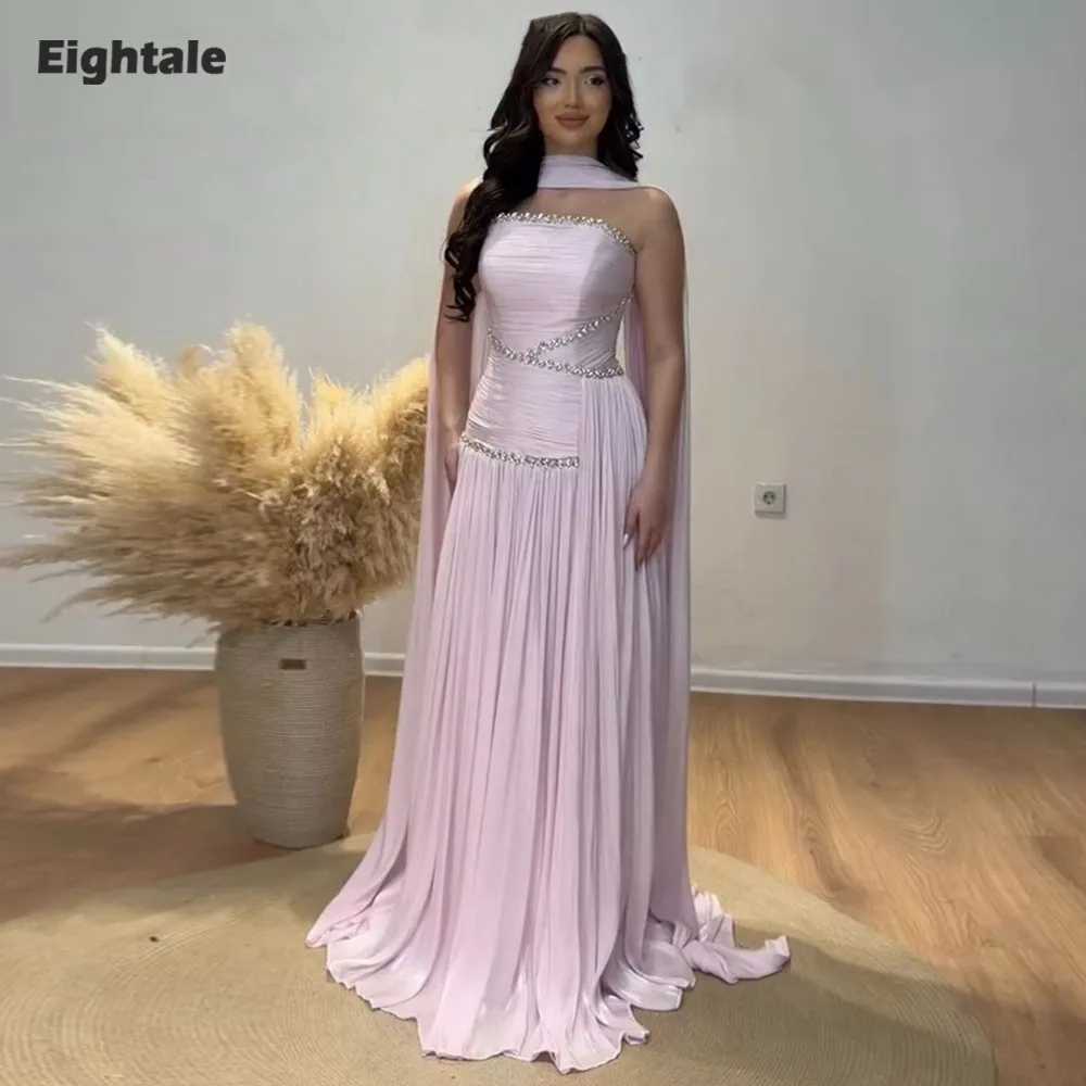 Eightale Light Pink Evening Dresses Strapless Pleats Customized Beaded A-Line Prom Party Gown vestido de fiesta