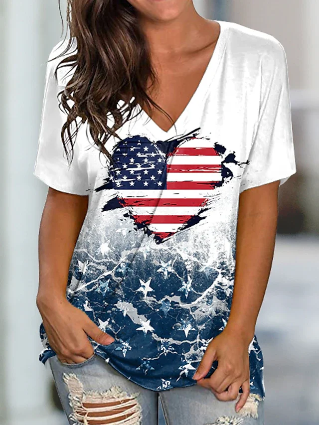 Women's T-shirts American Flag pattern 3D print V-neck Short Sleeve Summer Casual Women's Clothing Harajuku Y2K Hip Hop Clothes
