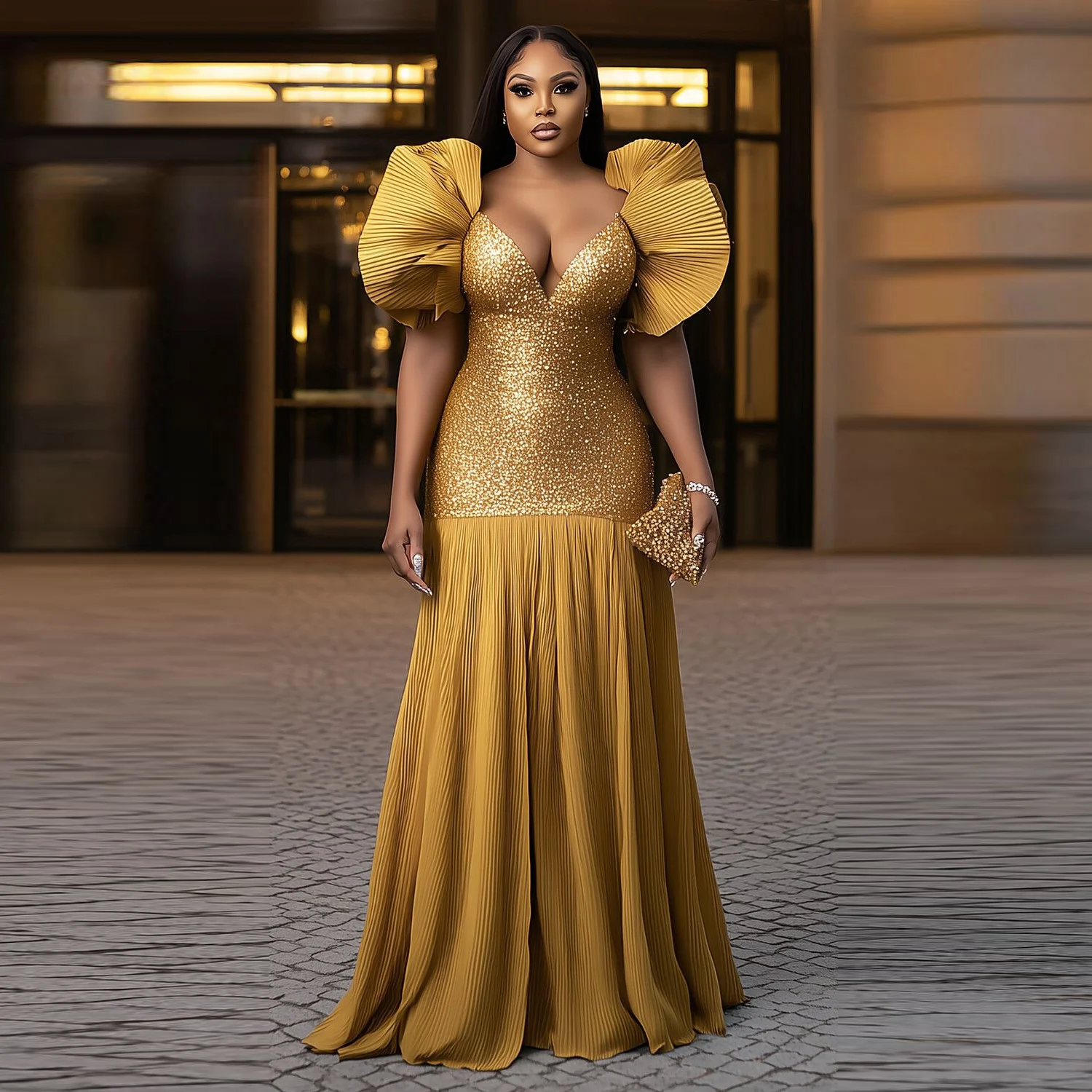 Gold Mermaid Prom Dress Deep V-Neck Sequined Evening Gowns Aso Ebi Style Sparkling Formal Night Party Gown Plus Size Customized