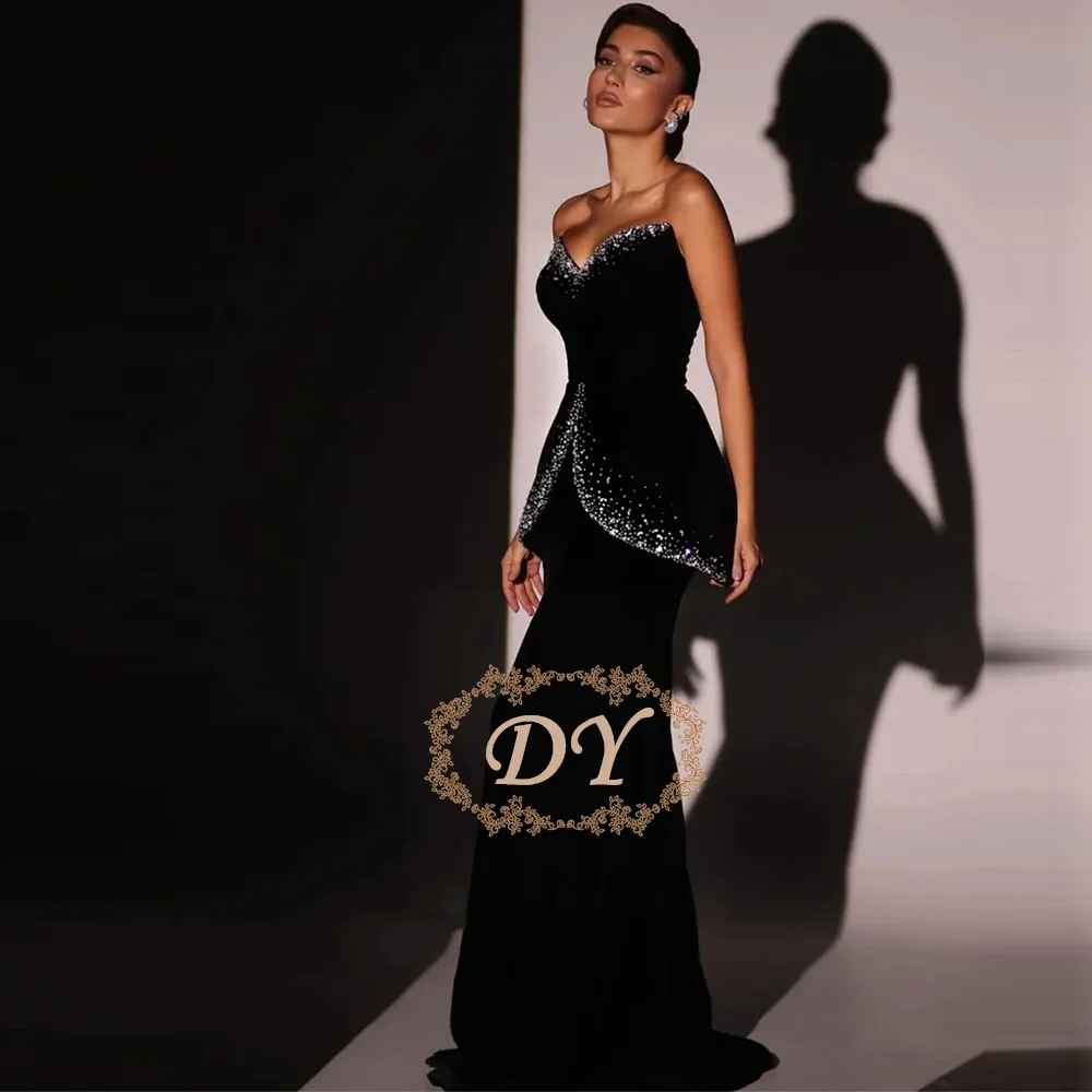 DY Luxury Black Mermaid Evening Dress Customized Beaded Floor Length Birthday Wedding Party Gowns Sleeveless فستان بيكو