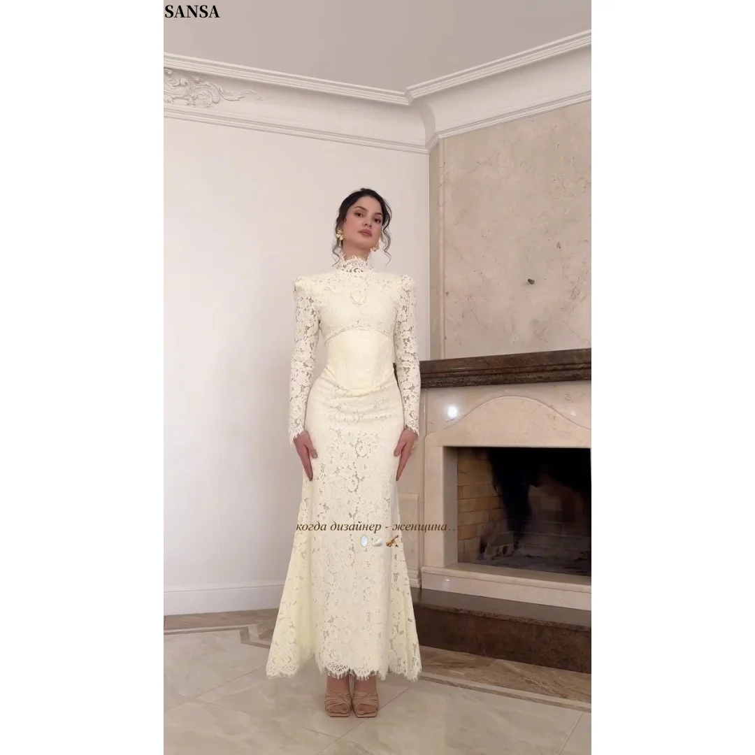 Sansa Customized Elegant Ivory High Neck Prom Dresses Lace Long Sleeve Corset Mermaid Formal Evening Gowns Vestidos De Noche2026