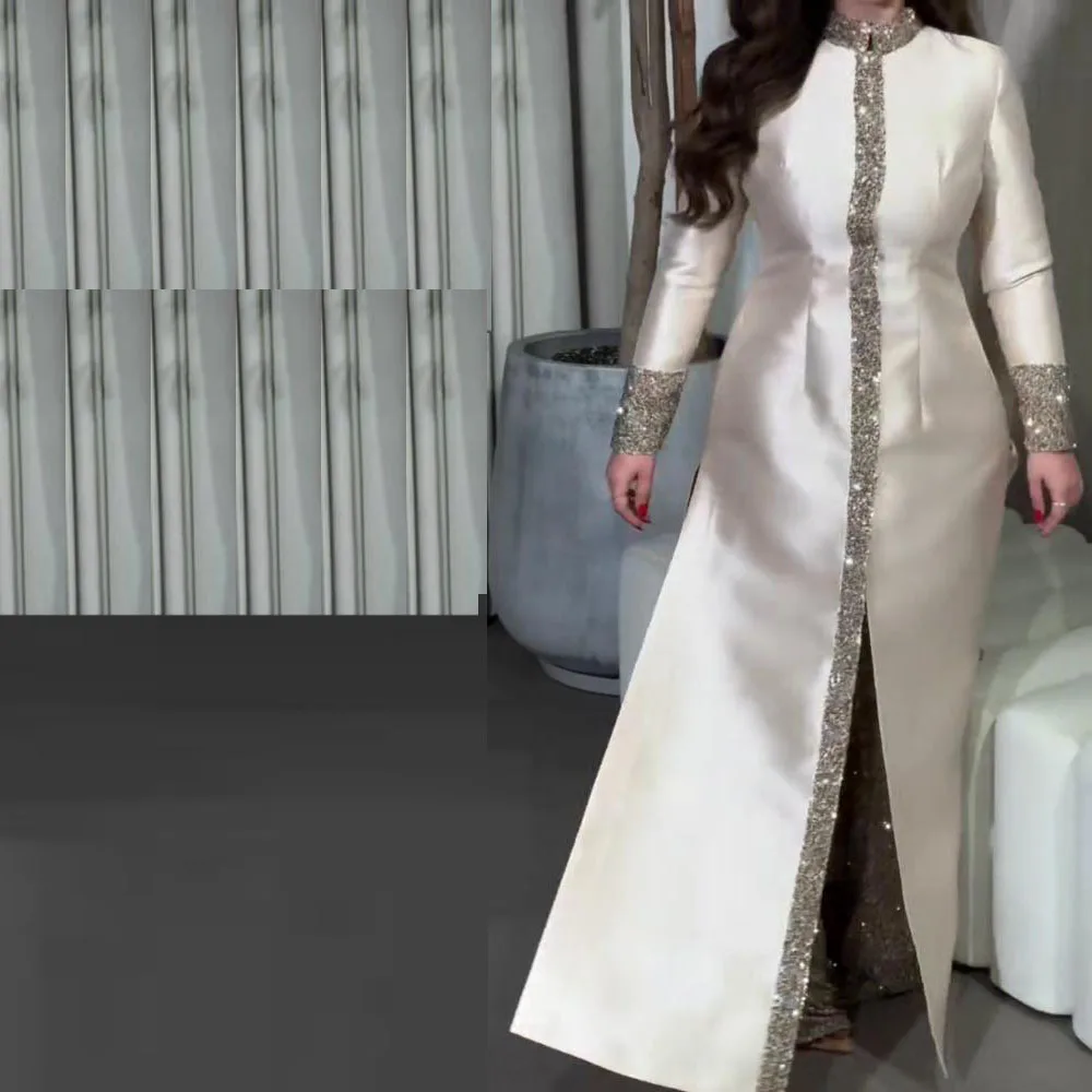 Customized Evening Dress with Coat Scoop Neck Sleeve Wedding Guest Outfit Sequin Detail 2 Pieces Arabic شارون سعيد