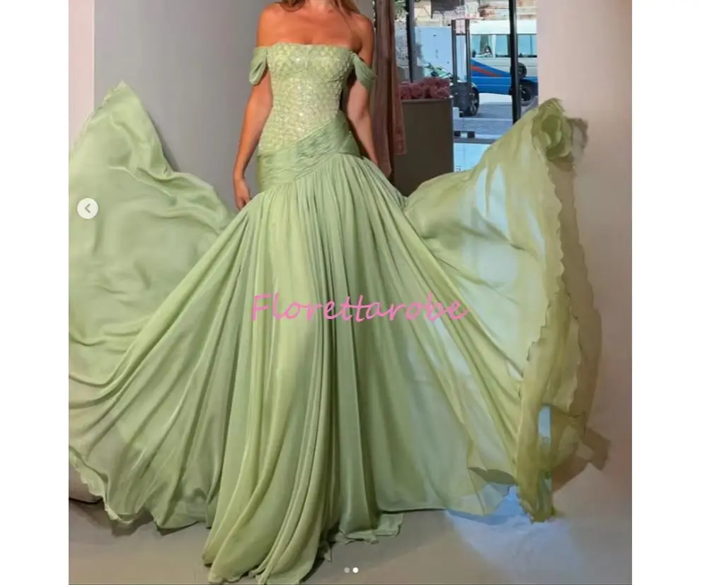 Customized Mint Green Strapless Off The Shoulder Prom Dress Beaded vestidos de noche Waist Cinching Illusion Evening Dresses