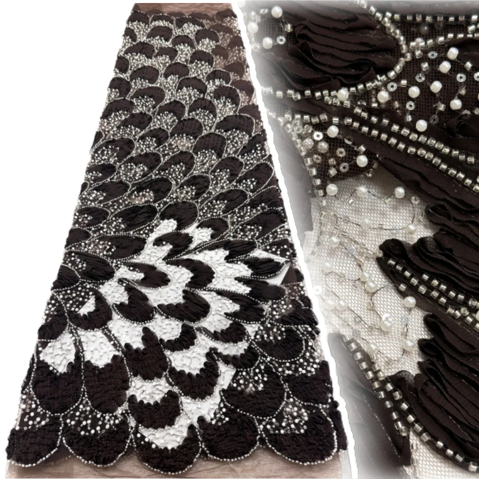 New Style French Embroidery Lace Beaded Sequins Tulle Lace Fabric 2026 Orange African Lace Fabric For Wedding Party Dress 2849