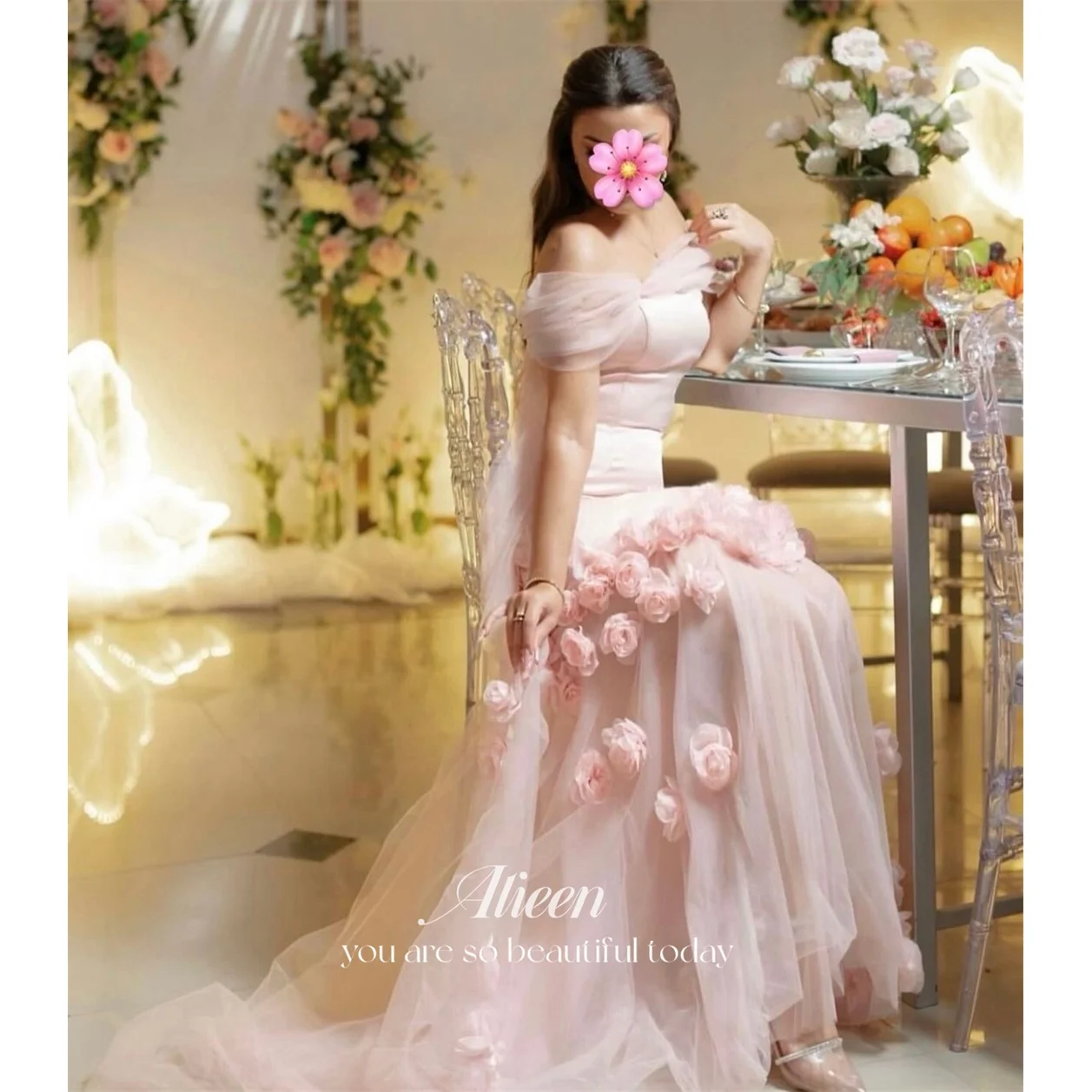 Aileen Tulle Off The Shoulder Pink A-Line Evening Dress 2026 Prom Dress Elegant Luxury Flowers Customized Robes de Soirée