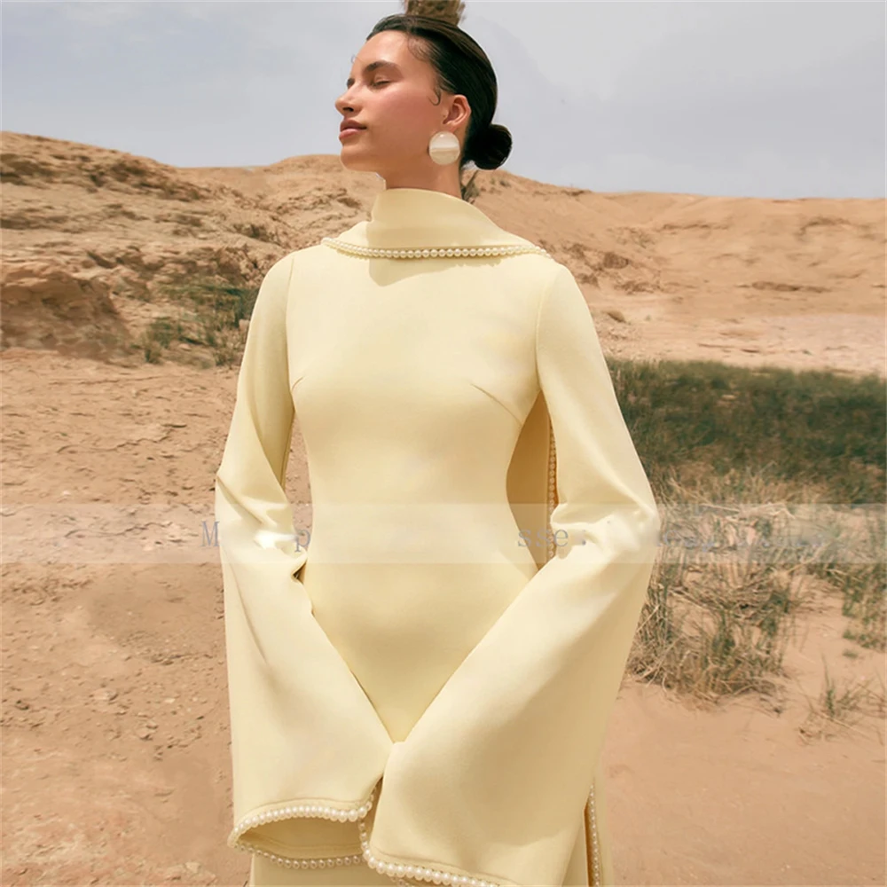 Contessa Customized High Neck Cape Sleeve Column Evening Dress Elegant Modest Robes De Soirée Pearl Trim Formal Evening Gowns