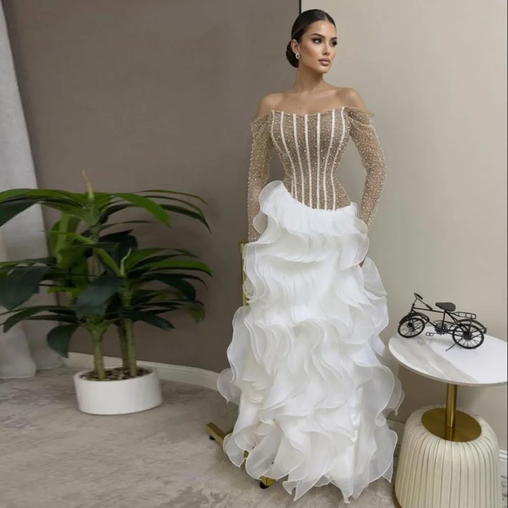 Customized Illusion Corset Ruffles Evening Dress Off the Shoulder Special Occasion Dresses Bead Mermaid vestidos de gala