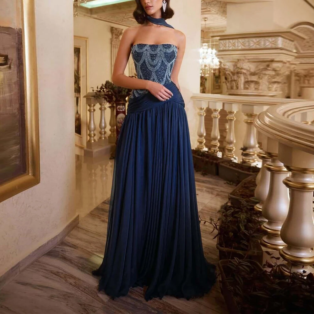 Customized Strapless Beading Evening Dress with Scarf Navy Blue Chiffon A Line Special Occasion Dresses Draped Maxi Dress