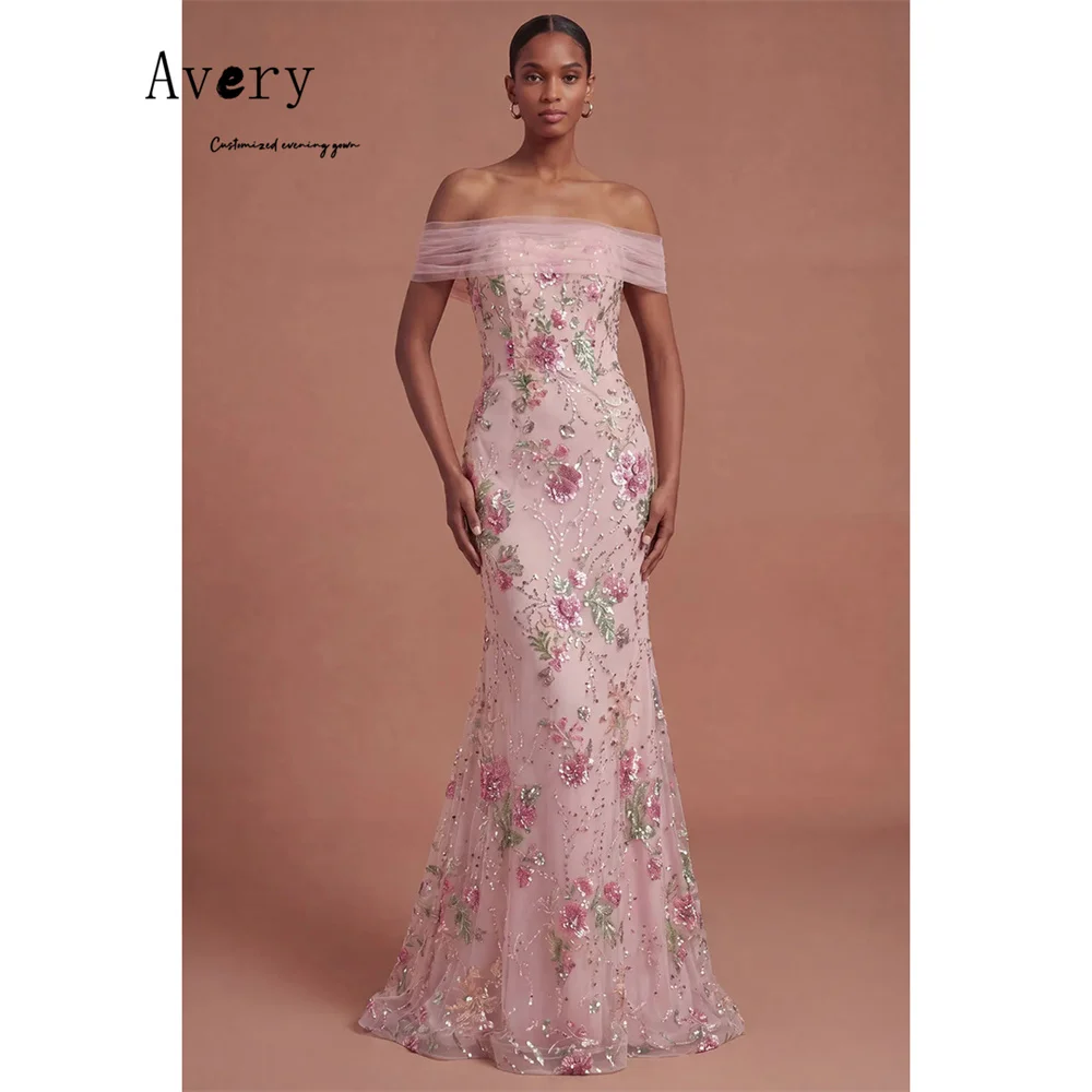 Avery Custom Lace Flower Off-shoulder Fishtail Curved Elegant Party Dresses 2026 Luxurious Women's Evening Dresses for Events