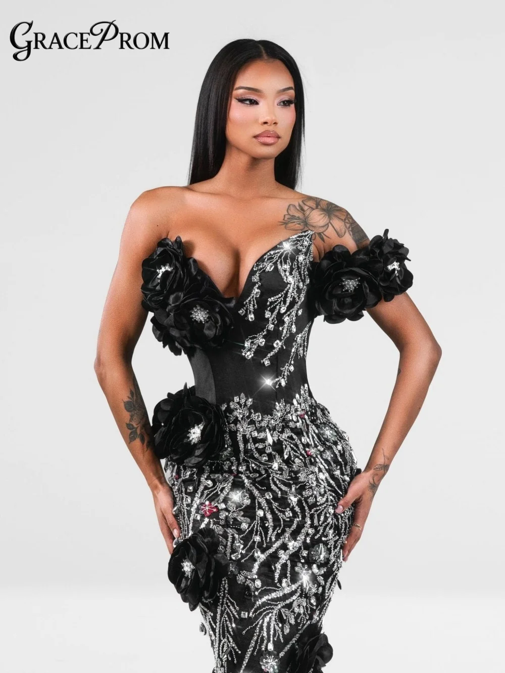 Elegant Off Shoulder Deep Plunge Corset Bodice Big Satin Rose Crystal Party Dress Evening Gown For Wedding Guests فساتين سهرة