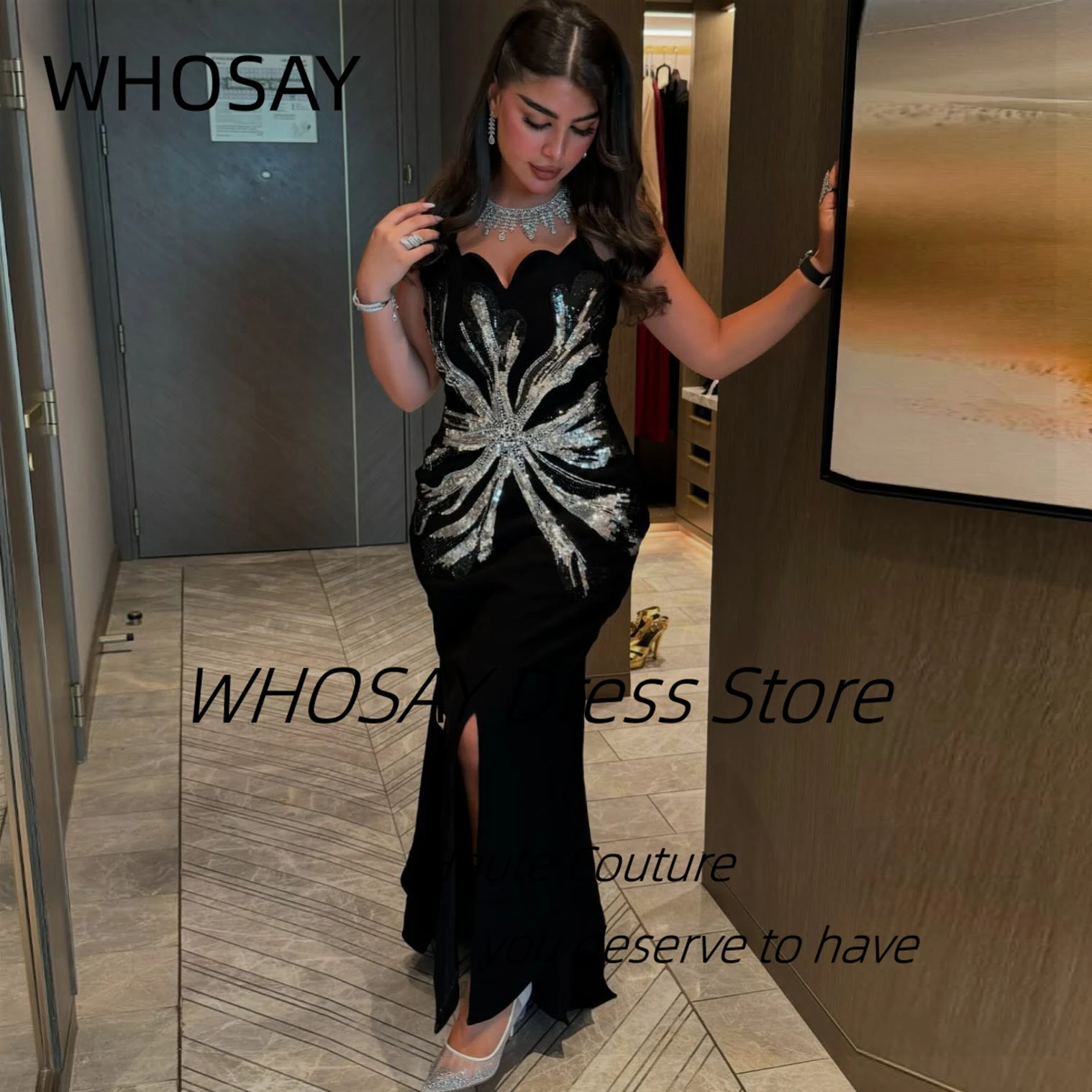 WHOSAY Black Mermaid Prom Dresses Spaghetti Straps Cocktail Party Dress with Sequins Front Slit Evening Gowns Customized