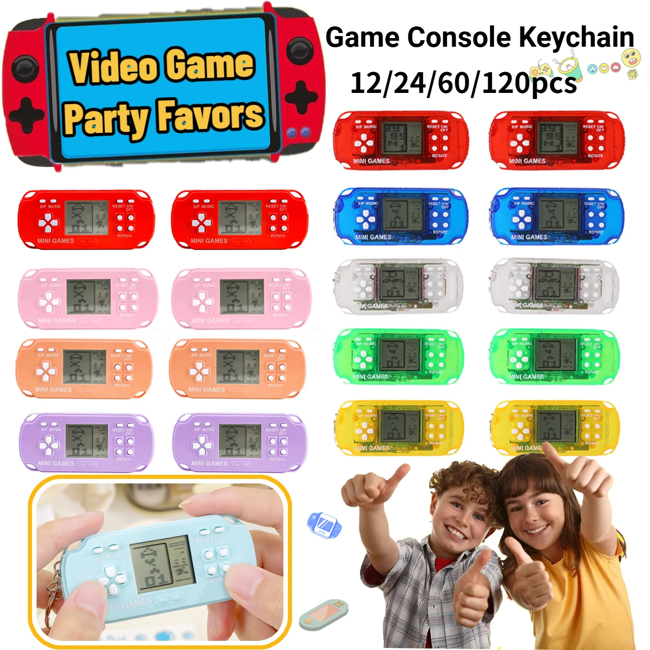 12-120pcs Video Game Party Favors Mini Handheld Game Console Keychain Kids Birthday Gifts Goodies Bags Stuffer Classroom Prizes