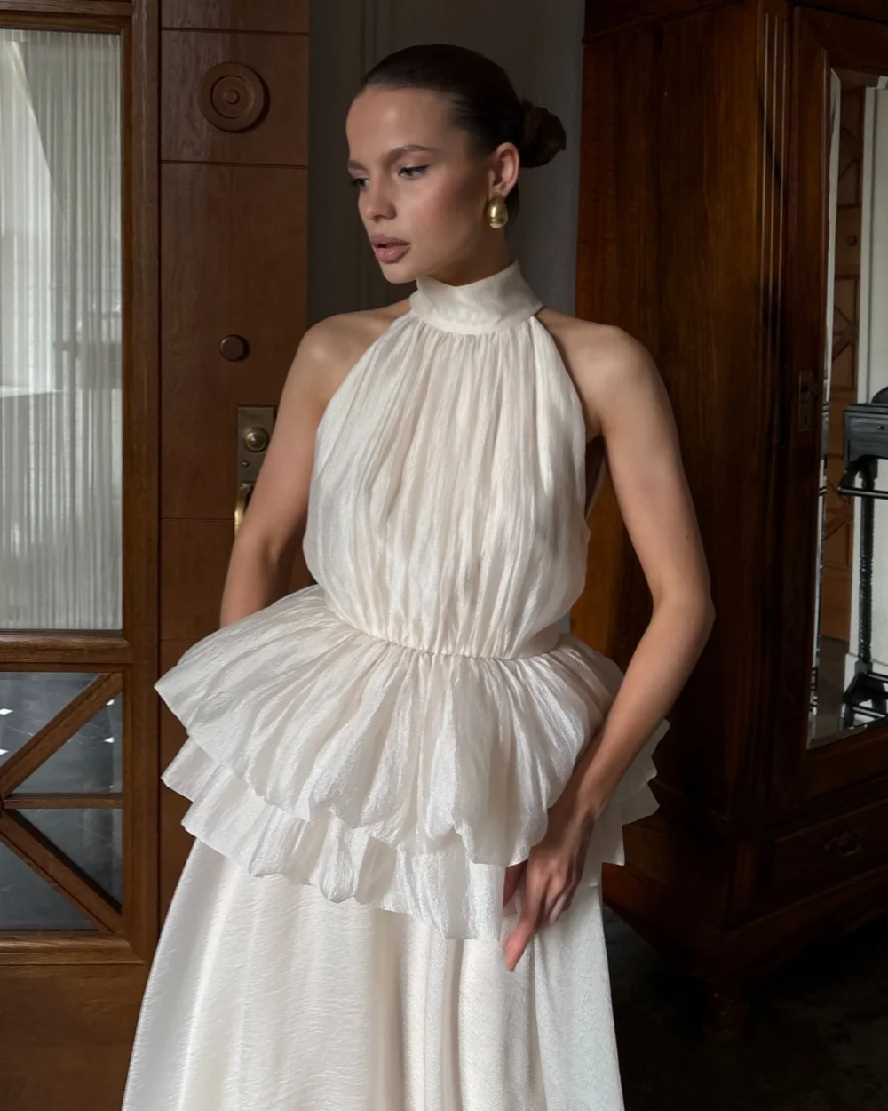 Customized Modern Style Women Jersey Ruched Pleat A-Line Evening Dresses Formal High Collar Sleeveless Floor Lenght Prom Dresses