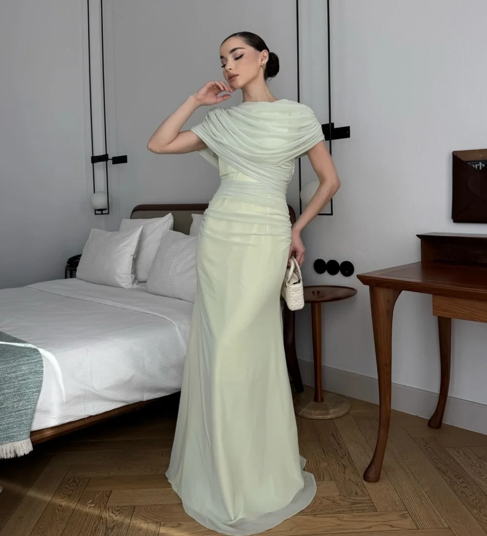 Customized High Quality Chiffon Pleat Trumpet O-Neck Long Bespoke Occasion Evening Dresses Elegant Sparkle