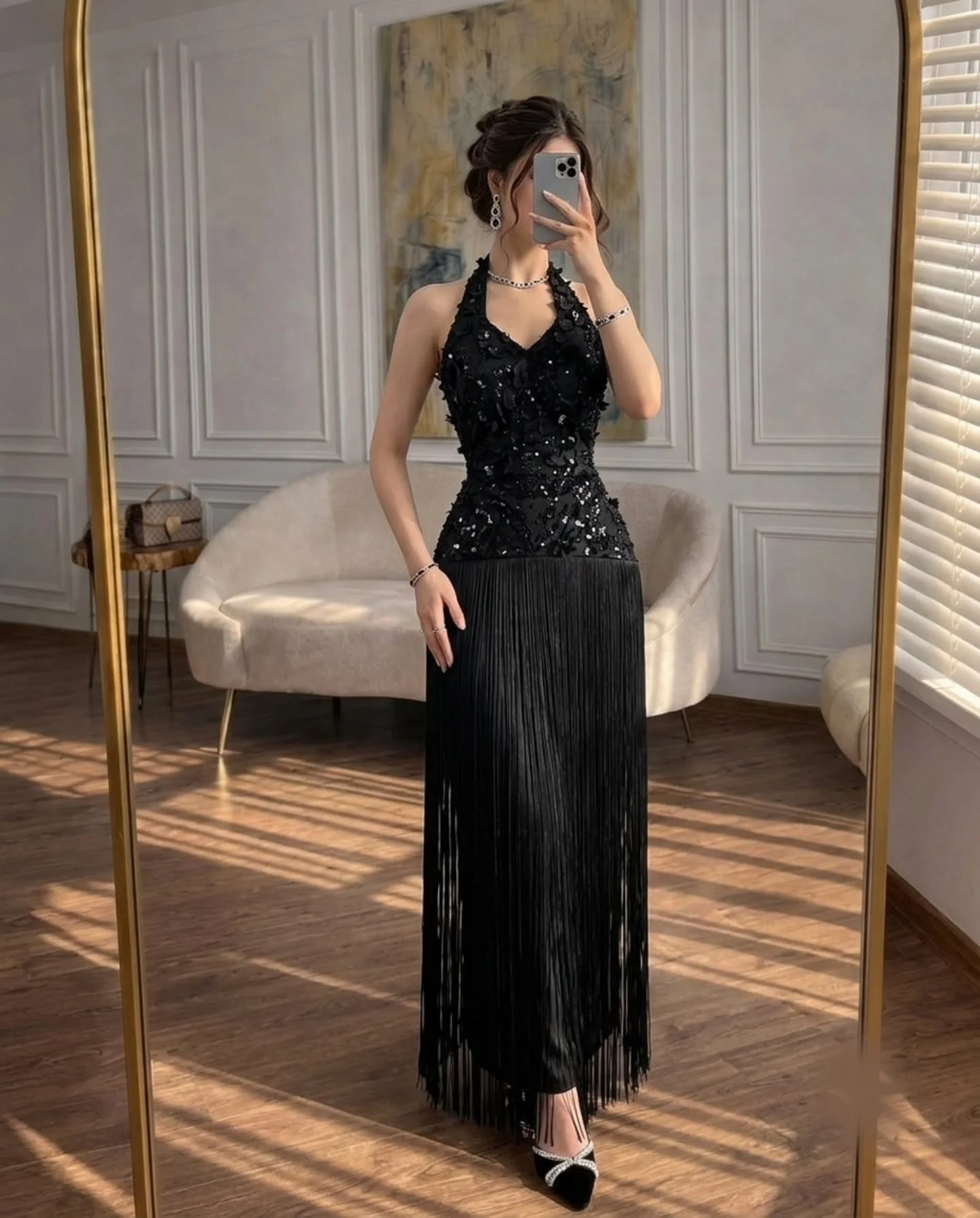 Luxury Black V Neck 3D Flower Sequin Fringe Evening Dress A-Line Women's Formal Evening Gowns Wedding Party Dresses Customized