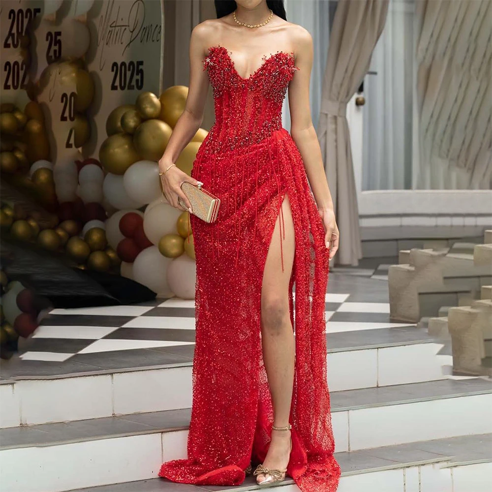 Red Prom Dress Luxury Bead Crystal Sweetheart A Line Women's Party Gowns Sexy Thigh Slit Long Prom Dresses Customized